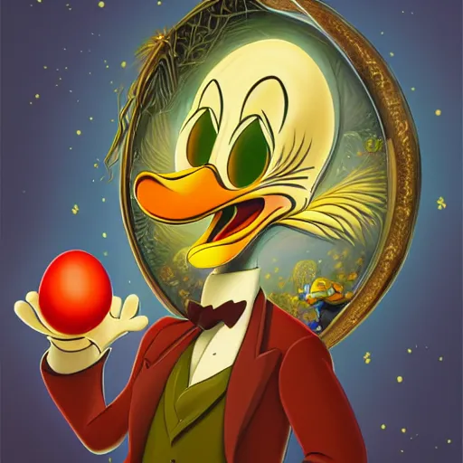 Image similar to An extremely psychedelic portrait of Scrooge McDuck from DuckTales holding egg, surreal, LSD, face, detailed, intricate, elegant, lithe, highly detailed, digital painting, artstation, concept art, smooth, sharp focus, illustration