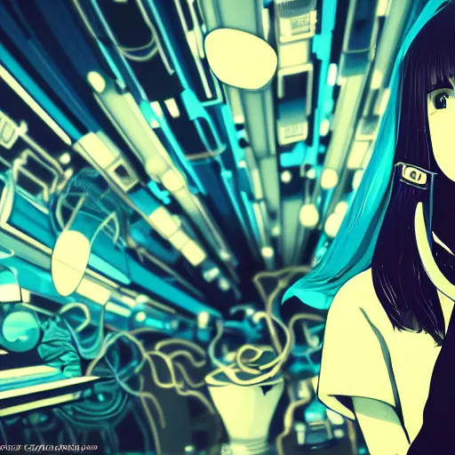 Image similar to Frequency indie album cover, luxury advertisement, blue filter, blue and black colors. Clean and detailed post-cyberpunk sci-fi close-up schoolgirl in asian city in style of cytus and deemo, blue flame, relaxing, calm and mysterious vibes, by Tsutomu Nihei, by Yoshitoshi ABe, by Ilya Kuvshinov, by Greg Tocchini, nier:automata, set in half-life 2, GITS, Blade Runner, Neotokyo Source, Syndicate(2012), dynamic composition, beautiful with eerie vibes, very inspirational, very stylish, with gradients, surrealistic, dystopia, postapocalyptic vibes, depth of field, mist, rich cinematic atmosphere, perfect digital art, mystical journey in strange world, beautiful dramatic dark moody tones and studio lighting, shadows, bastion game, arthouse