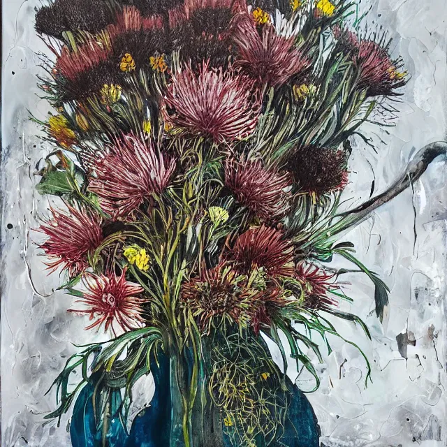 Prompt: “ a portrait in a female art student ’ s apartment, australian wildflowers, sensual, queer woman, flax, flannel flower, bottlebrush, eucalyptus, charred, new leaves, art supplies, a candle dripping white wax, aboriginal art, berry juice drips, acrylic and spray paint and oilstick on canvas, surrealism, neoexpressionism ”