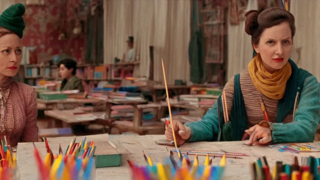 Prompt: a women selling pencils, film still from the movie directed by wes anderson with art direction by dali wide lens