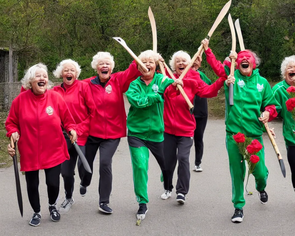Image similar to a gang of old ladies waving steel machetes, and carrying flowers, and wearing green Umbro track suits with red splatters laughing maniacally and screaming