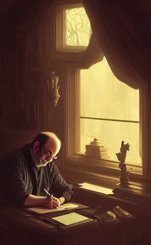 Image similar to portrait of salman rushdie writing in the dark, deep focus, d & d, fantasy, intricate, elegant, highly detailed, digital painting, artstation, concept art, matte, sharp focus, illustration, art by artgerm and greg rutkowski and alphonse mucha