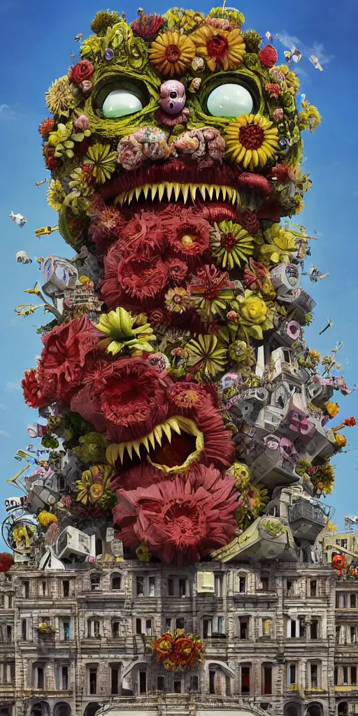 Image similar to colossal grotesque Beelzebub flower made from angry smiles in the middle of post soviet constructivist cityscape, Stalinist architecture, ultradetailed, Intricate by Hayao Miyazaki and Josan Gonzalez and Makoto Shinkai and Giuseppe Arcimboldo and MC Esher and Wes Anderson