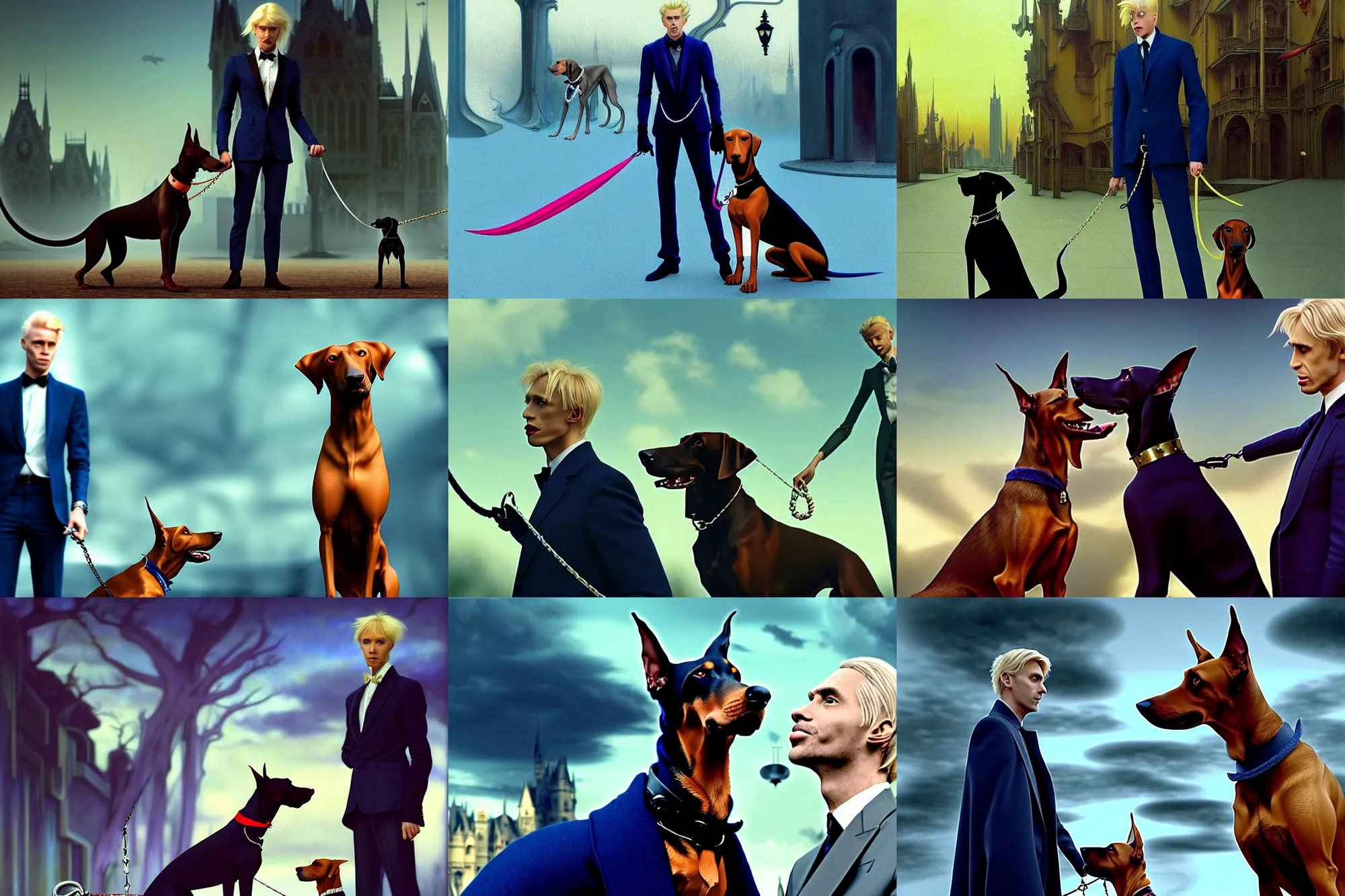 Prompt: realistic detailed portrait movie shot of an elegant blond male vampire with a doberman on a leash, futuristic street background by denis villeneuve, amano, yves tanguy, alphonse mucha, max ernst, edward robert hughes, roger dean, rich moody colours, dog teeth, blue eyes