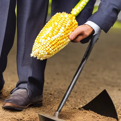 Image similar to man wearing a suit hitting a corn cob with as shovel