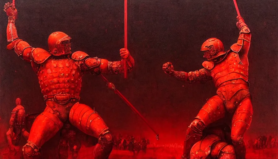 Image similar to only with red, an armored gladiator in a crowded roman amphitheatre, crowd cheering, in the style of beksinski and edward hopper and rodcenko and yue minjun and rolf armstrong, intricate and epic composition, red by caravaggio, highly detailed, masterpiece, red light, artstation