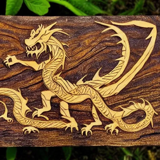 Prompt: the dragon Trâgu, the Golden, the Magnificent, in pyrography on a wooden slice of a tree