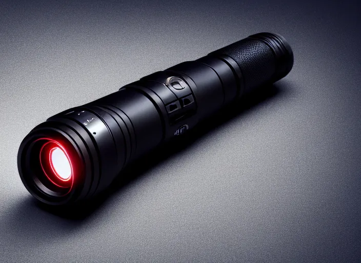 Image similar to futuristic flashlight ( designed by porsche ), xf iq 4, 1 5 0 mp, 5 0 mm, f / 1. 4, iso 2 0 0, 1 / 1 6 0 s, natural light, octane render, adobe lightroom, rule of thirds, symmetrical balance, depth layering, polarizing filter, sense of depth, ai enhanced