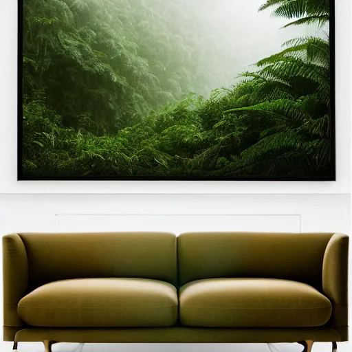 Prompt: a full length portrait of a giant autonomous sofa in a misty rainforest, surrounded by lush ferns and fir trees. surrounded by mountains and clouds and mist. featured on