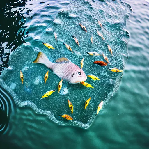 Prompt: a liquid sidewalk with a group of fish swimming inside it [ drone photo ]