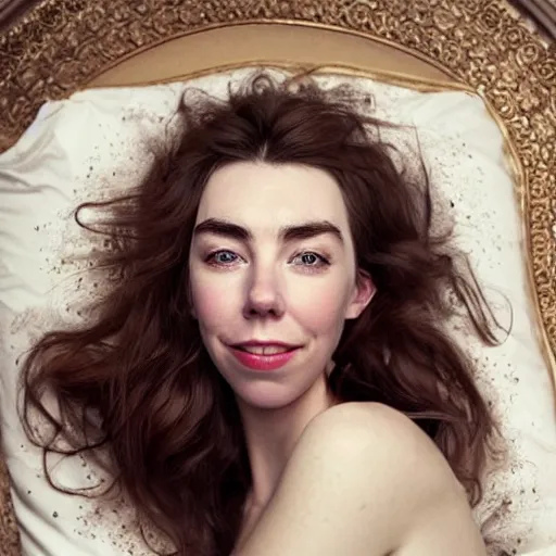 Prompt: stunning photo of dark - haired goddess vanessa kirby smiling, laying back on a pillow, with white tears running down her face, a beautiful closeup, wet lips, perfect eyes, insanely detailed, elegant, by mucha, wlop, rutkowski, livia prima