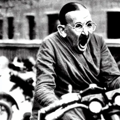 Prompt: gandhi screaming on a motorcycle