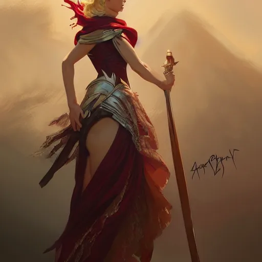 Image similar to Grace Kelly as Erza Scarlet, western, D&D, fantasy, intricate, elegant, highly detailed, digital painting, artstation, concept art, matte, sharp focus, illustration, art by Artgerm and Greg Rutkowski and Alphonse Mucha