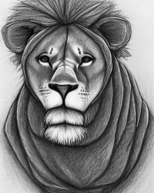 Image similar to a pencil drawing of an anthropomorphic lion wear a hoodie, head shot, by Pen Tacular