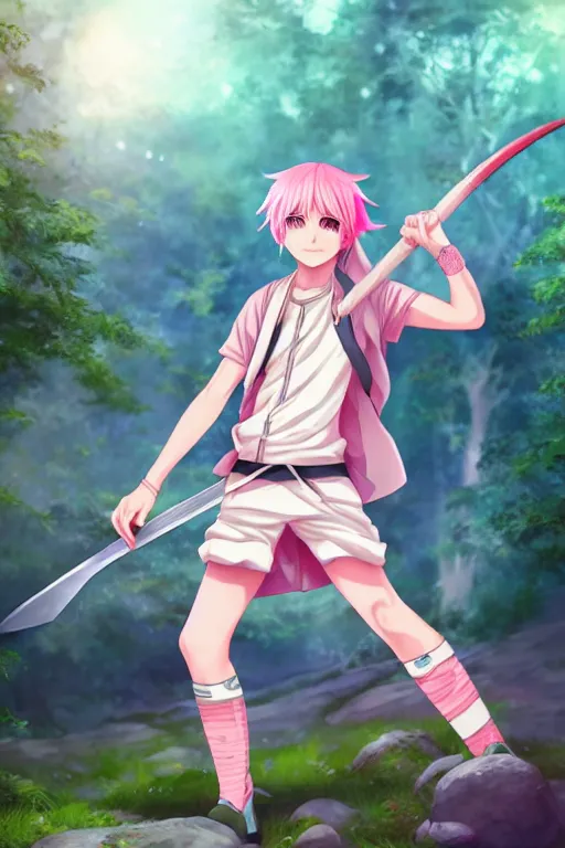 Prompt: a beautiful fullbody portrait of a cute male anime boy with pink hair, wearing a cool outfit, barefoot, wielding a sword in battle position, in a forest, at night. ambient occlusion, volumetric light, detailed, realistic, fantasy character, rendered in octane