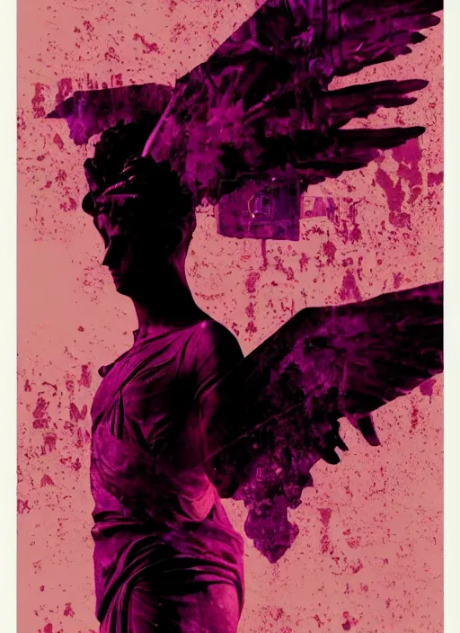 Image similar to elegant dark design poster showing a beautiful greco roman statue, black background with very subtle red and purple design elements, bold, powerful, nekro, vito acconci, thin straight purple lines, dark, glitch art, neo vaporwave, gritty, layout frame, square, trending on artstation