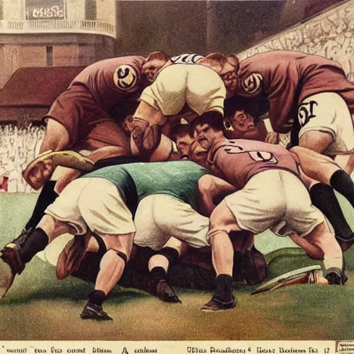 Image similar to 1920s full color illustraion by J.C. Leyendecker of handsome male rugby players in a scrum on the field, rugby ball on the ground in between the handsome rugby players