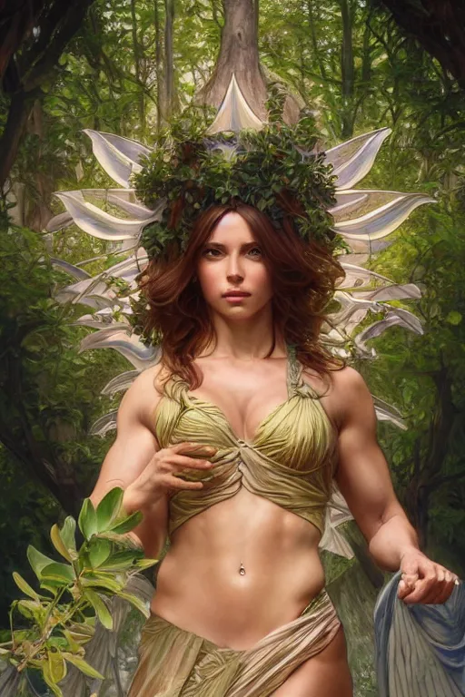 Prompt: goddess of nature, accurate anatomy, only two hands, highly detailed, digital painting, artstation, concept art, smooth, sharp focus, illustration, Unreal Engine 5, 8K, art by artgerm and greg rutkowski and alphonse mucha and IFBB pro fitness photograph