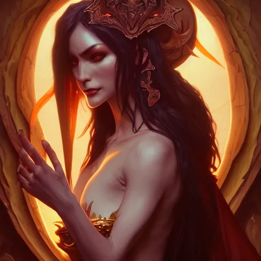 Prompt: Demoness, female, robes, D&D, fantasy, intricate, elegant, highly detailed, digital painting, artstation, octane render, concept art, matte, sharp focus, illustration, hearthstone, art by Artgerm and Greg Rutkowski and Alphonse Mucha