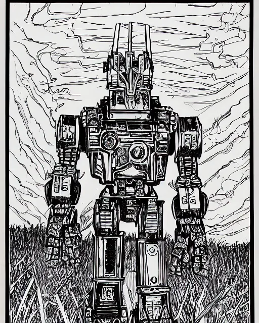 Prompt: an illustration of an autobot that is also a castle, in robot mode, full body, standing in a field on a cloudy day, pen-and-ink illustration, etching, by Russ Nicholson, DAvid A Trampier, larry elmore, 1981, HQ scan, intricate details