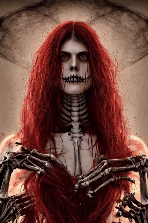 Image similar to skeleton black bones!!, covered with blood, alexandra daddario face!!, long red hair, ultra realistic, concept art, intricate details, highly detailed, photorealistic, octane render, 8 k, unreal engine. retro film still, heavy grain, 3 5 mm, art by artgerm and greg rutkowski and alphonse mucha