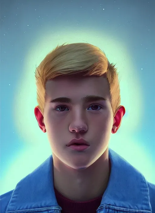 Image similar to portrait of high school senior boy named big moose, blonde short hair, jock, beefy, wide face, square jaw, square facial structure, blue varsity jacket with letter r, intricate, elegant, glowing lights, highly detailed, digital painting, artstation, concept art, sharp focus, illustration, art by wlop, mars ravelo and greg rutkowski