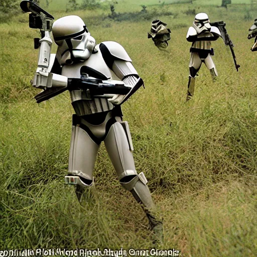 Image similar to star wars clone troopers combat soldiers in vietnam, photo, old picture, lush landscape, jungle, firearms, explosions, helicopters, aerial combat, active battle zone, flamethrower, air support, jedi, land mines, gunfire, violent, star destroyers, star wars lasers, sci - fi, jetpacks, agent orange, bomber planes, smoke, trench warfare