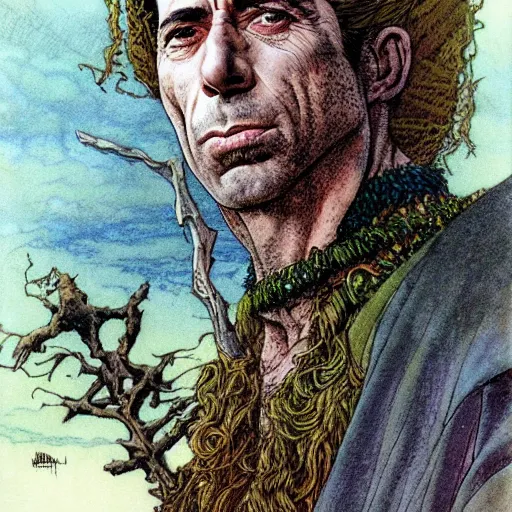 Prompt: a realistic and atmospheric portrait of humphrey bogart as a druidic warrior wizard looking at the camera with an intelligent gaze by rebecca guay, michael kaluta, charles vess and jean moebius giraud