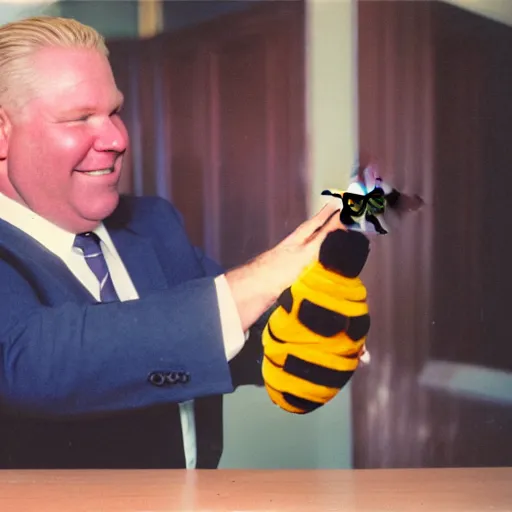 Prompt: render of doug ford grabbing a bee cinestill, 8 0 0 t, 3 5 mm, full - hd