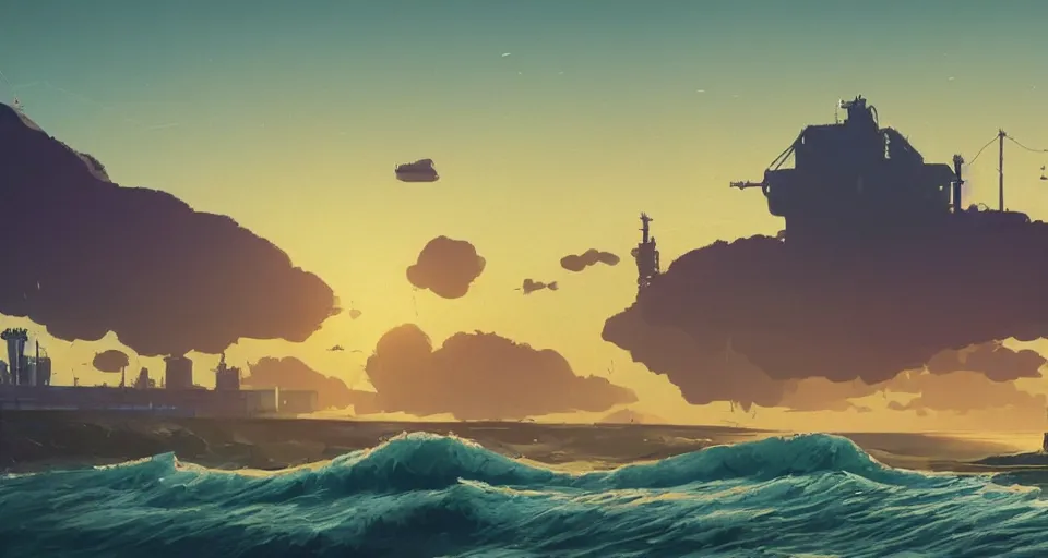 Image similar to A very beautiful serene coastal landscape scene with a GIANT INDUSTRIAL OIL RIGGING FACTORY looming in the distance, bright SUNSET waves splashing on the beach, rendered by simon stålenhag, rendered by Beeple, Makoto Shinkai, syd meade, environment concept, digital art, starwars, Gundam Style, unreal engine, 3 point perspective, WLOP, trending on artstation, low level, 4K UHD image, octane render,