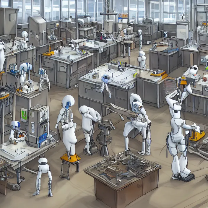 Image similar to highly detailed well organized and clean weapons laboratory, with research, robot arms, tables, parts, windows, with anthropomorphic furry researchers, Extremely detailed digital art, sci fi, furaffinity, DeviantArt