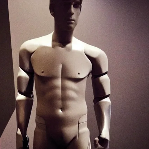 Image similar to “ a realistic detailed photo of a guy who is an attractive humanoid who is half robot and half humanoid, who is a male android, actor liam hemsworth, shiny skin, posing like a statue, blank stare, at the museum, on display ”