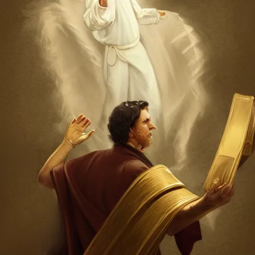 Prompt: mormon prophet, joseph smith, holding up the gold plates, conceptart, trending on artstation