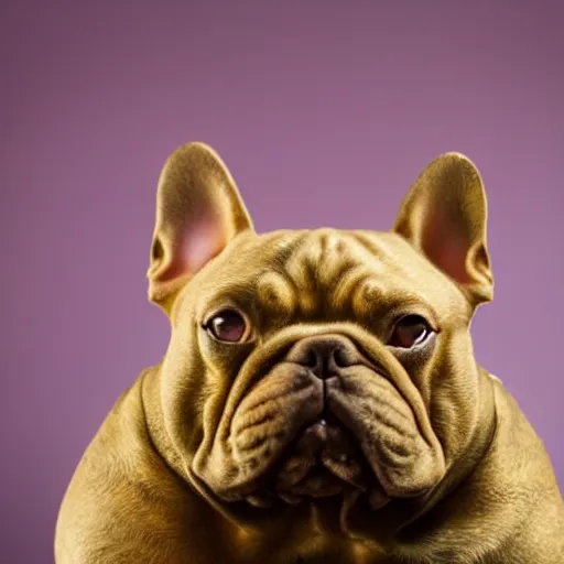 Image similar to an ancient roman gold coin with the face of a french bulldog, close up photo, ultra realistic, studio photo, bokeh.