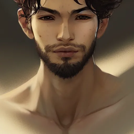 Image similar to Portrait of man with Tousled Curls type hair and Brown Indonesian-type skin, atmospheric lighting, intricate detail, cgsociety, ambient light, dynamic lighting, anime style by Yusuke Kozaki