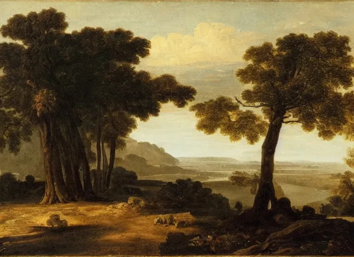 Image similar to highly detailed landscape of the african velt, misty ominous atmosphere : claude lorrain