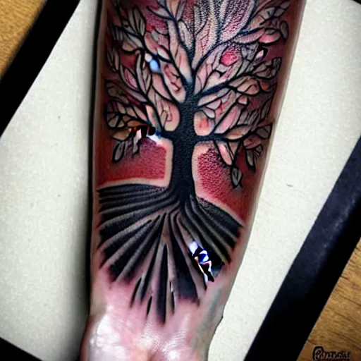 Image similar to traditional american tattoo art of a tree inside a rusted clock made of black liquid, tattoos exploding out, fine detail, sheet paper, white background