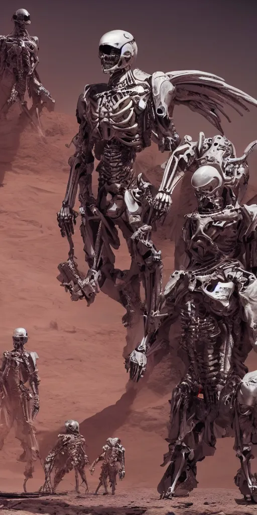 Image similar to concept art, skeleton soldiers in the middle world, wearing helmets with wings, wearing european style armor + new lightweight spacesuit, landing on mars, musk's mars immigration program, cyberpunk, backlight, epic, high detail, 8 k, octane rendering, unreal engine.