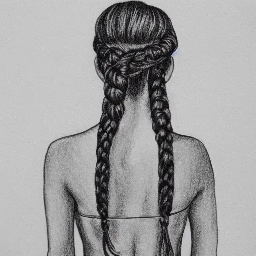Prompt: woman girl neat single-plait hair back of head behind rear b&w black white pencil drawing