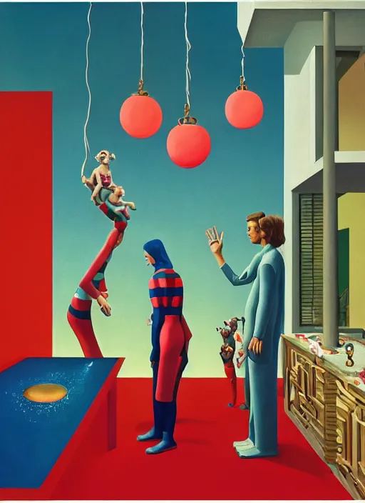 Prompt: painting of a gucci animal costumed family being shown how to open magic portals by a large glowing alien in their suburban living room maze, ufo in the room, designed by gucci and wes anderson, energetic glowing planets in the air, cinematic look, in the style of edward hopper, james jean, petra collins and mc. escher, uhd,