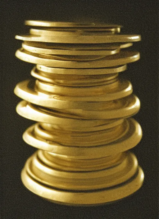 Prompt: a few brass discs with punch holes stacked, front view, straight composition 1 9 9 0, life magazine reportage photo