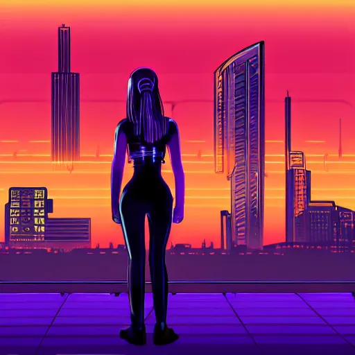 Prompt: cyberpunk woman standing in front of the cityscape, neon colors, sunset, realistic digital painting