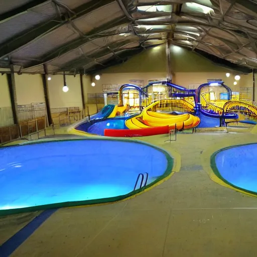 Image similar to empty indoor children's water park, water slides visible in the darkness, oddly familiar, nostalgic