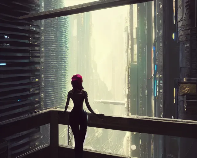 Image similar to 5 5 mm portrait photo of a beautiful young woman looking from a balcony. futuristic atmosphere. cyberpunk city. art by greg rutkowski. highly detailed 8 k. intricate. lifelike. soft light. nikon d 8 5 0.