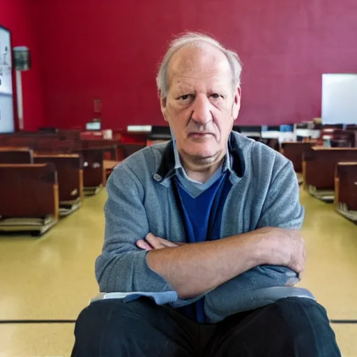 Image similar to wide angle portrait of werner herzog sitting alone in the waiting area of the dmv. ultra wide angle, wes anderson, award winning, hyperrealistic, grand budapest hotel, studio lighting, very detailed face, chiaroscuro, film noir