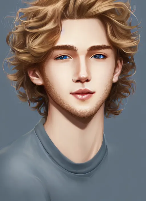 Prompt: young man with medium - length, curly, golden hair, perfectly proportioned face, aquamarine eyes, sweet smile, natural lighting, path traced, highly detailed, high quality, cartoon, digital painting, by new haicheng