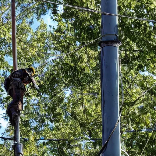 Image similar to a hornet nest on a telephone pole and a lineman working on the pole.