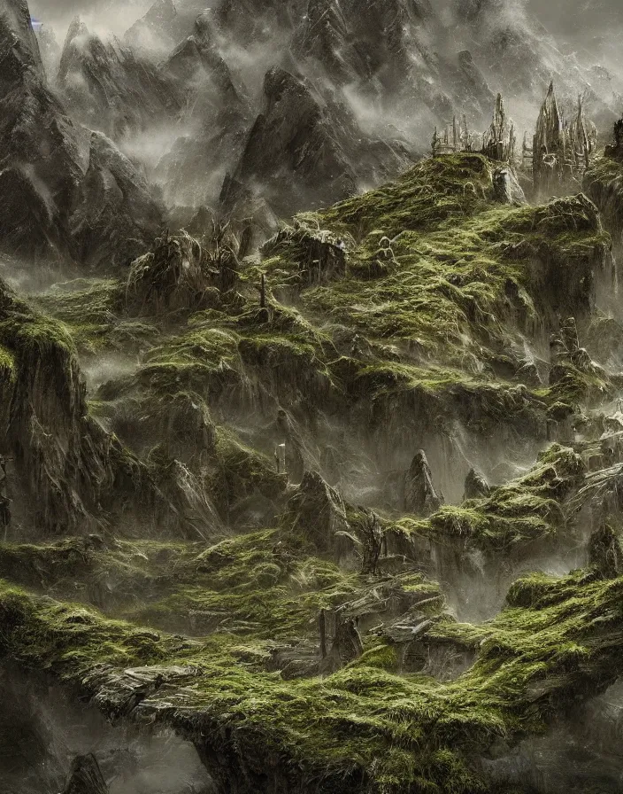 Image similar to atmospheric mossy tundra middle earth fortress, stunning visuals, creative, cinematic, ultra detailed, trending on art station