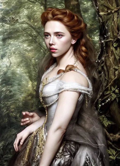 Image similar to Beautiful elsa, Looks like Scarlett Johansson, In the woods, Dramatic, Edge, Good, Infused, Backlight, De-Noise, VFX, insanely detailed and intricate, hypermaximalist, facial ,elegant, ornate, hyper realistic, super detailed, by Anthony Van Dyck, by Ivan Shishkin, by John Constable