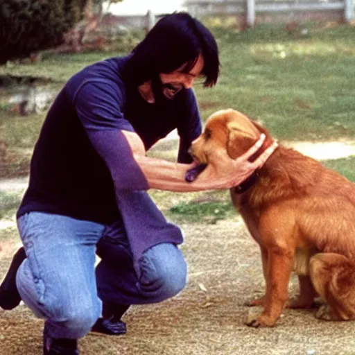 Image similar to claymation keanu reeves petting a happy dog